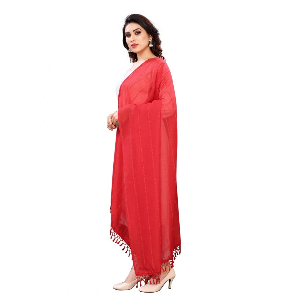 Generic Women's Cotton Silk Strips Printed Dupatta (Red, Length:2-2.4 mtr)