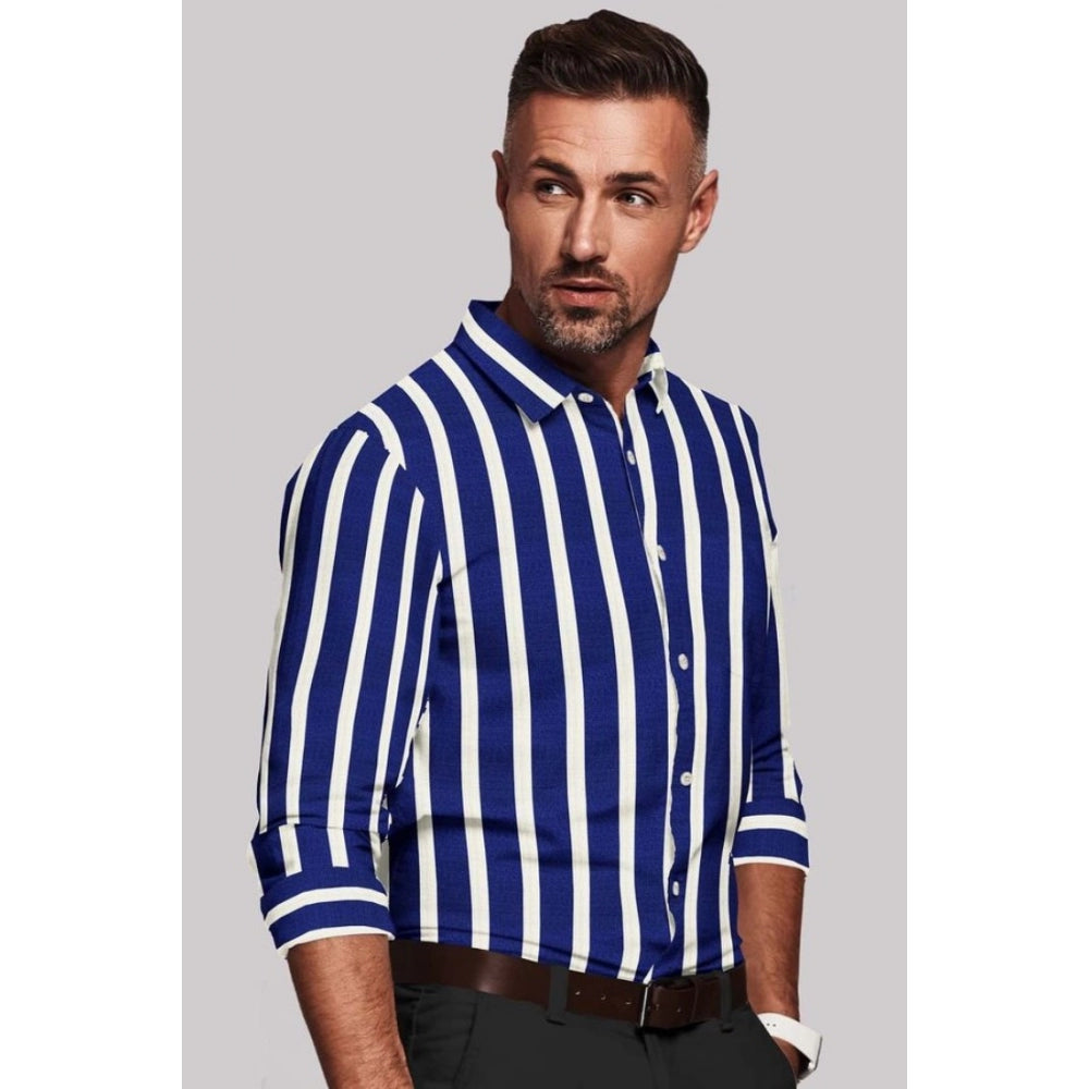 Swagvastra Men's Cotton Blended Striped Full Sleeve Shirt (White-Blue)