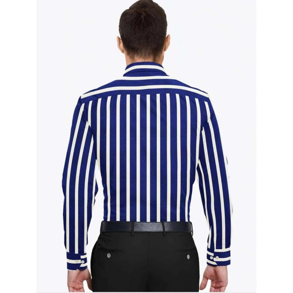 Swagvastra Men's Cotton Blended Striped Full Sleeve Shirt (White-Blue)