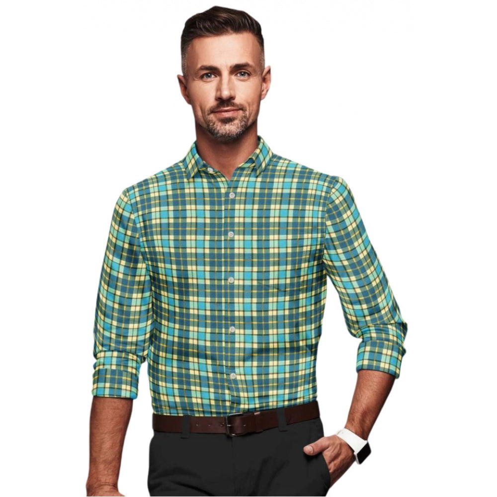 Swagvastra Men's Cotton Blended Checked Full Sleeve Shirt (Green-Yellow)