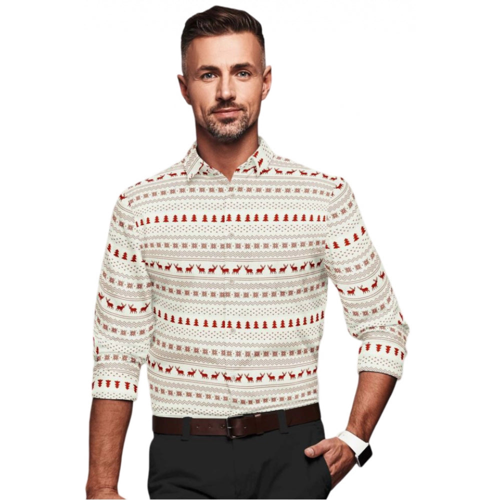Swagvastra Men's Cotton Blended Printed Full Sleeve Shirt (White-Red)