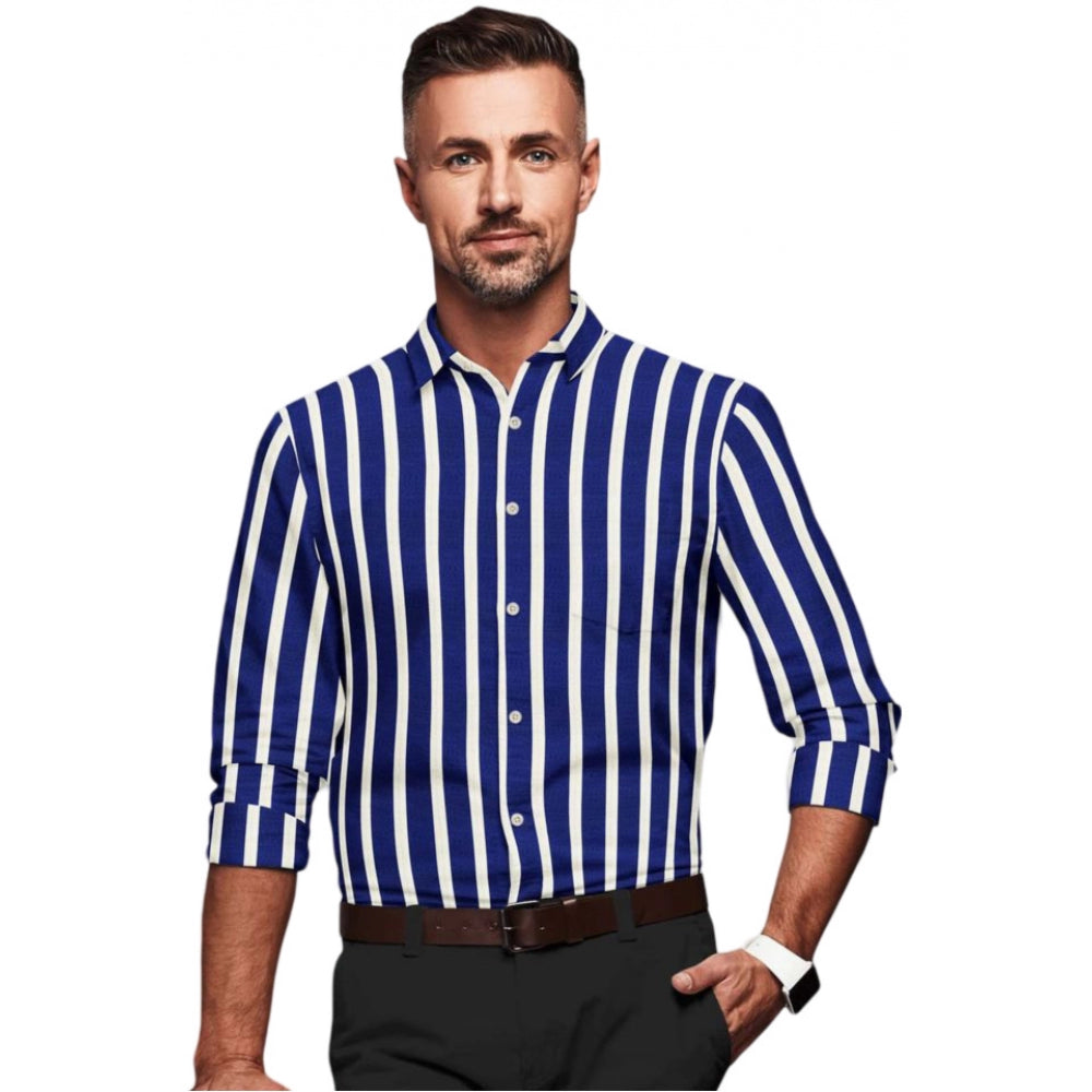 Swagvastra Men's Cotton Blended Striped Full Sleeve Shirt (White-Blue)