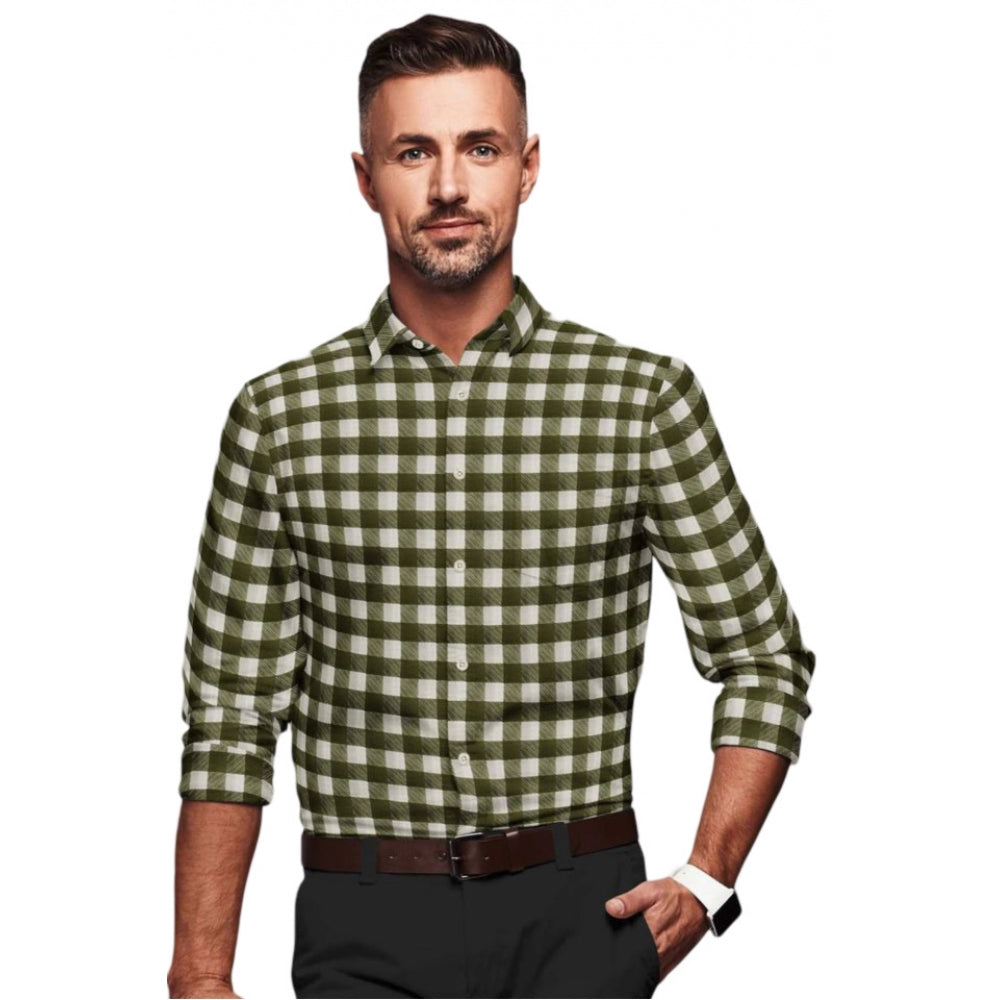 Swagvastra Men's Cotton Blended Checked Full Sleeve Shirt (White-Green)