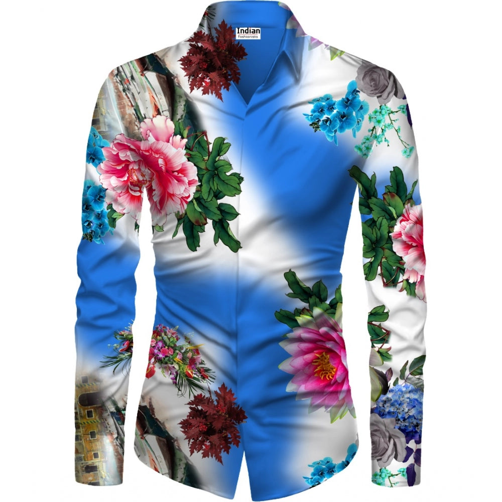 Swagvastra Men's Casual Floral Printed Cotton Blend Unstitched Shirt Fabric 1.6 Mtrs (Blue)
