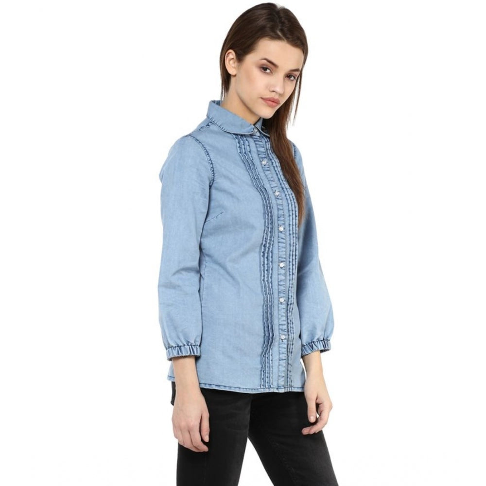 Generic Women's Denim Solid 3-4th Sleeves Standard Length Shirt (Blue)