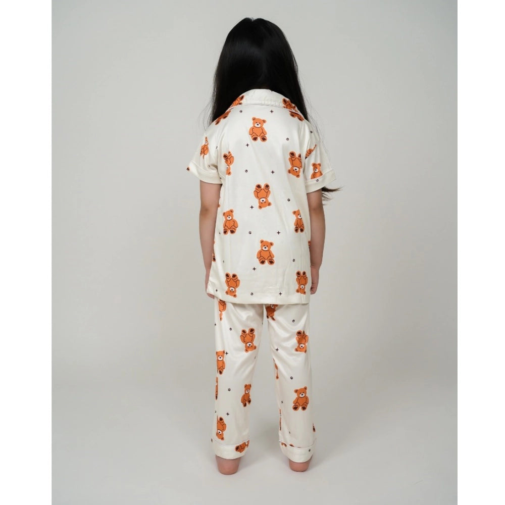 Generic Girl's Silk Bleand Printed Short Sleeve Night Suit Set (White)