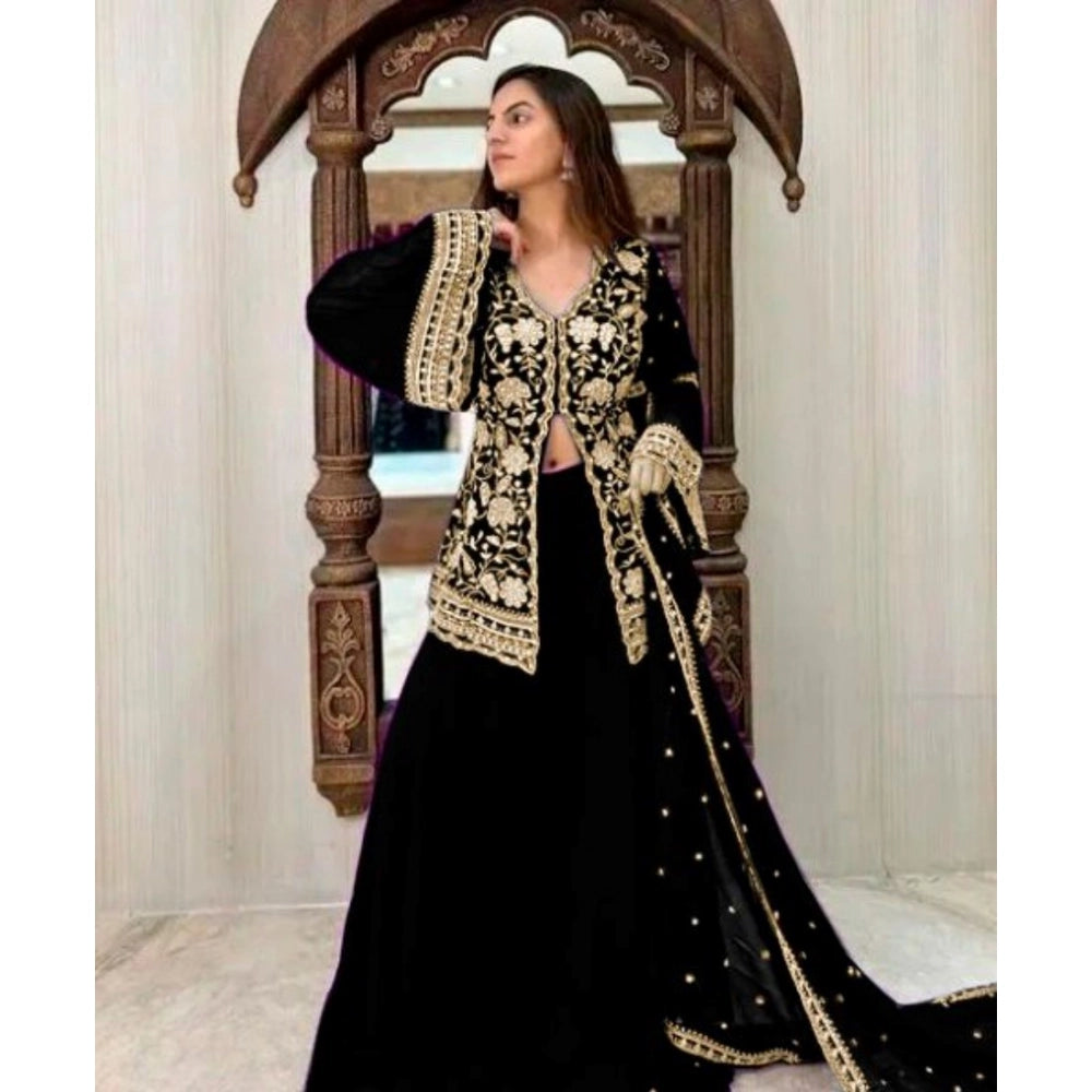 Generic Women's Georgette Embroidery 3-4th Sleeve V-Neck Kurti, Palazzo And Dupatta Set (Black)