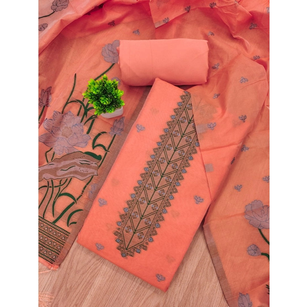 Swagvastra Women's Banarasi Silk Printed Unstitched Salwar Suit Material With Dupatta (Peach, 3Mtrs)