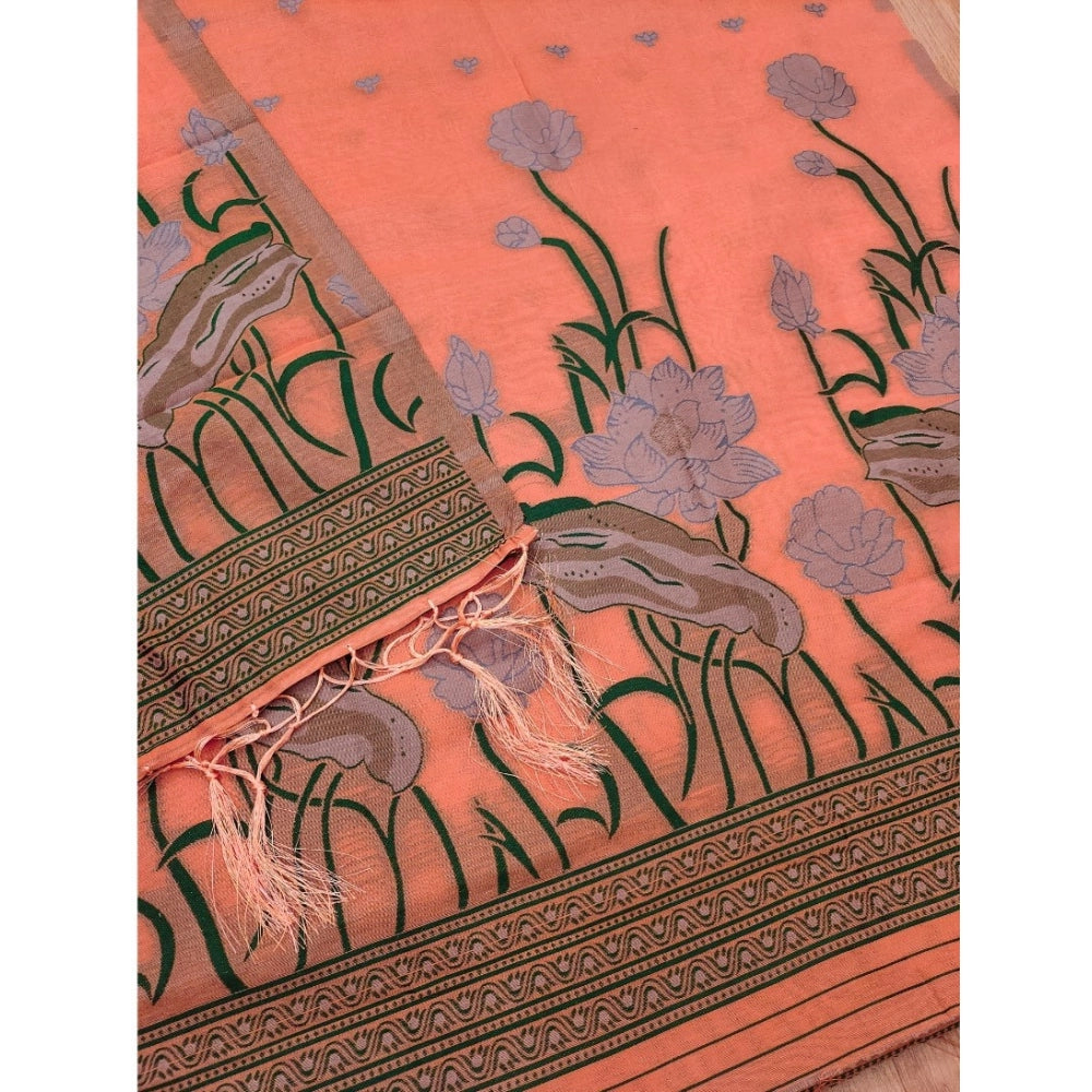 Swagvastra Women's Banarasi Silk Printed Unstitched Salwar Suit Material With Dupatta (Peach, 3Mtrs)