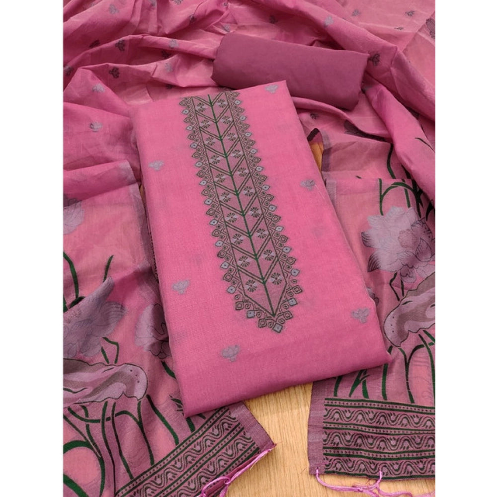 Swagvastra Women's Banarasi Silk Printed Unstitched Salwar Suit Material With Dupatta (Pink, 3Mtrs)