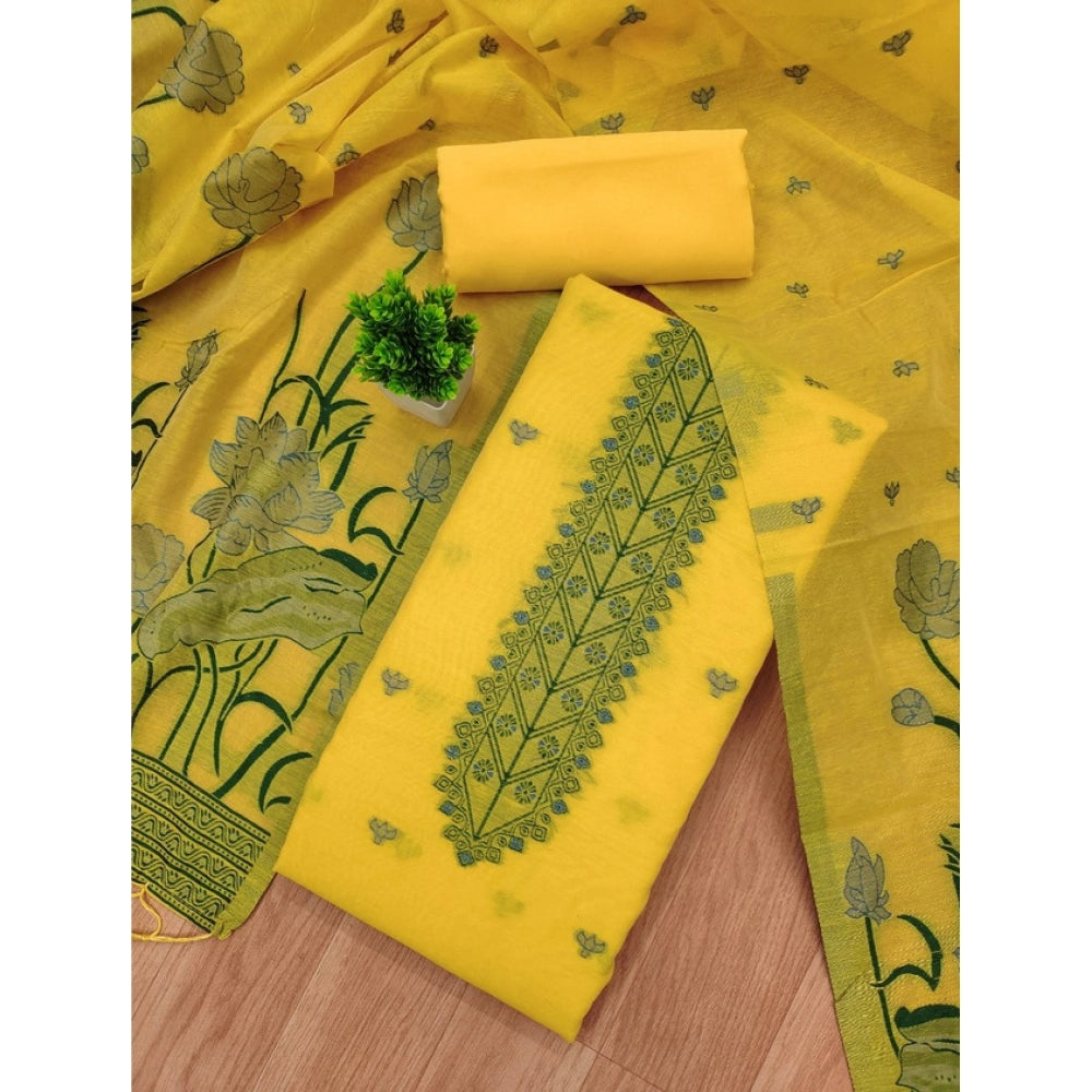 Swagvastra Women's Banarasi Silk Printed Unstitched Salwar Suit Material With Dupatta (Yellow, 3Mtrs)