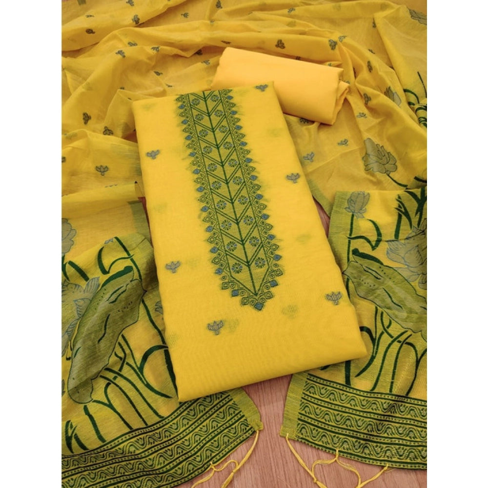 Swagvastra Women's Banarasi Silk Printed Unstitched Salwar Suit Material With Dupatta (Yellow, 3Mtrs)