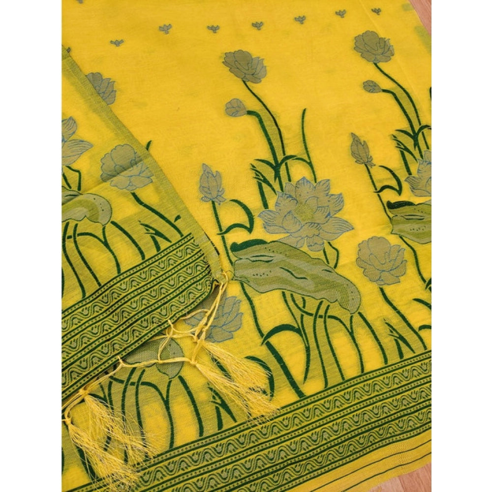 Swagvastra Women's Banarasi Silk Printed Unstitched Salwar Suit Material With Dupatta (Yellow, 3Mtrs)