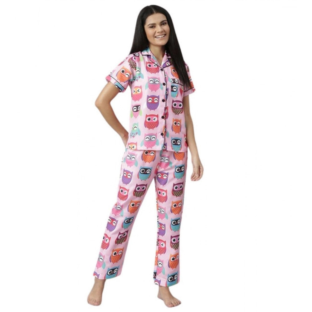 Generic Women's Cotton Blend Printed Short Sleeve Night Suit (Pink)