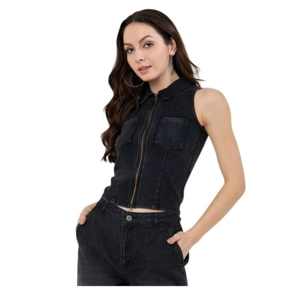 Generic Women's Denim Lycra Solid Sleeveless Top (Black)